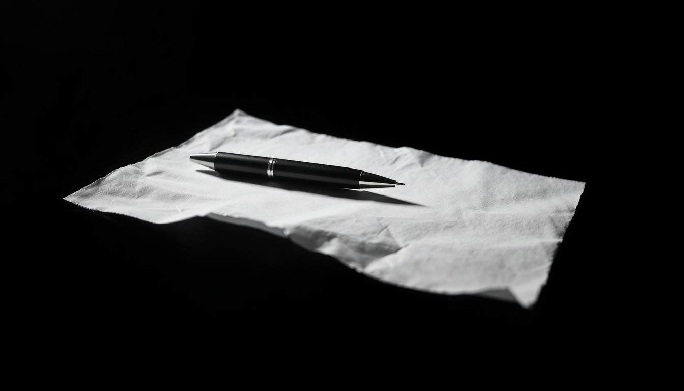 An extreme close-up photograph of a crumpled piece of paper with a pen resting on top, lit by a harsh, direct camera flash against a pitch-black background, conceptually representing the evidence and investigation surrounding an alleged assault case at a technical school.