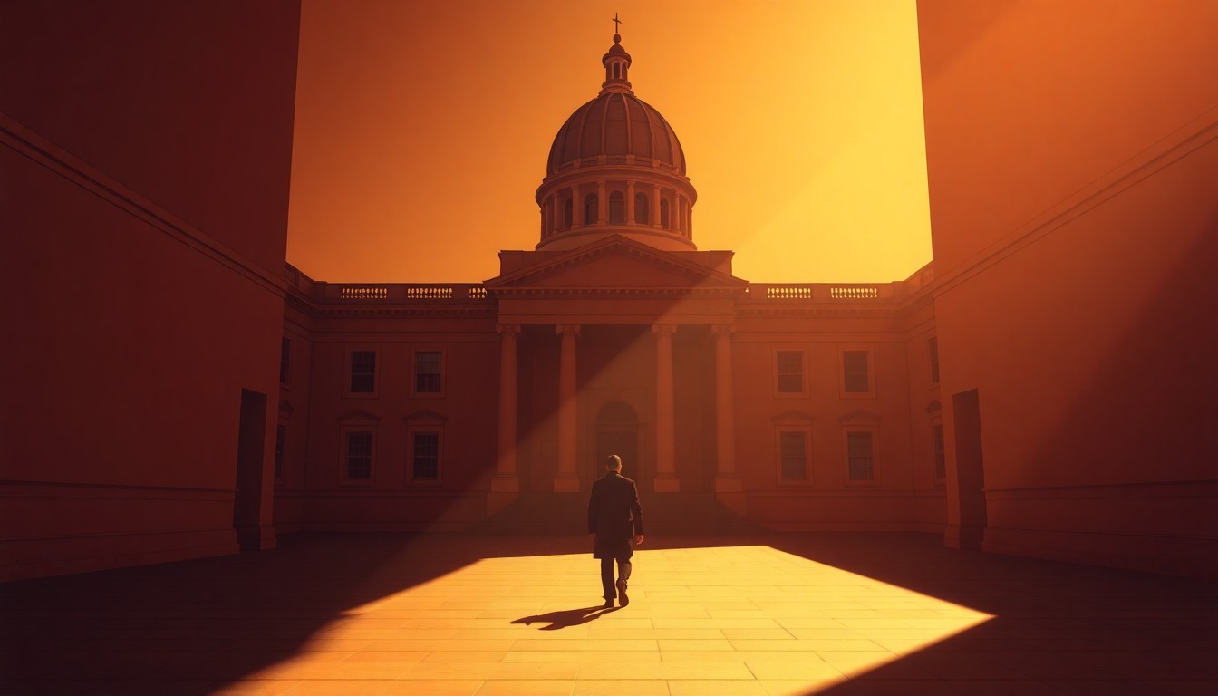 A cinematic painting of an empty state capitol hallway, with warm sunlight streaming through the windows and casting deep shadows, conveying a sense of solitude and secrecy.