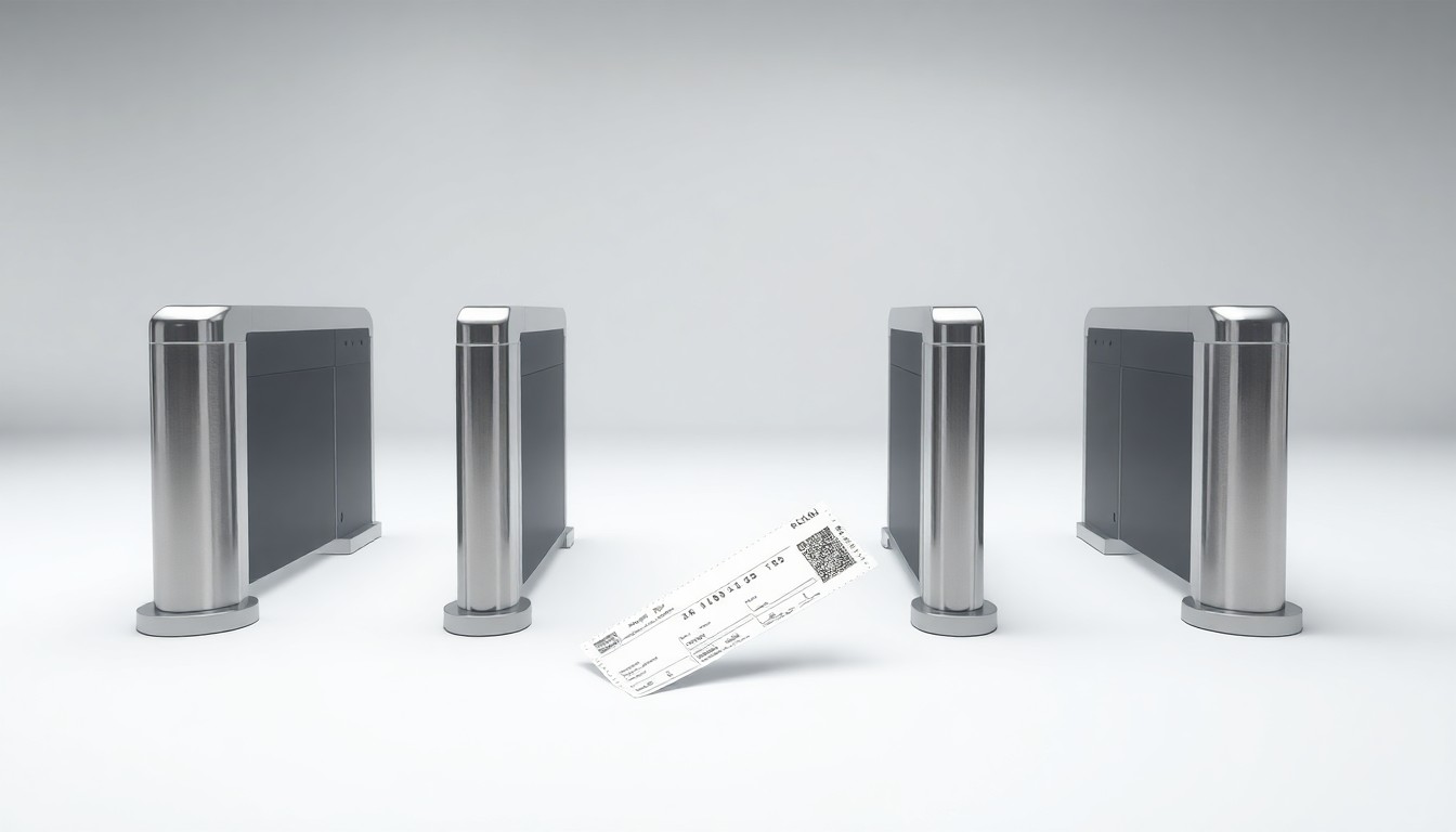 A photorealistic studio still-life featuring polished metal airport security barriers and a sleek boarding pass, symbolizing the abstract concepts of airport operations and airline efficiency.