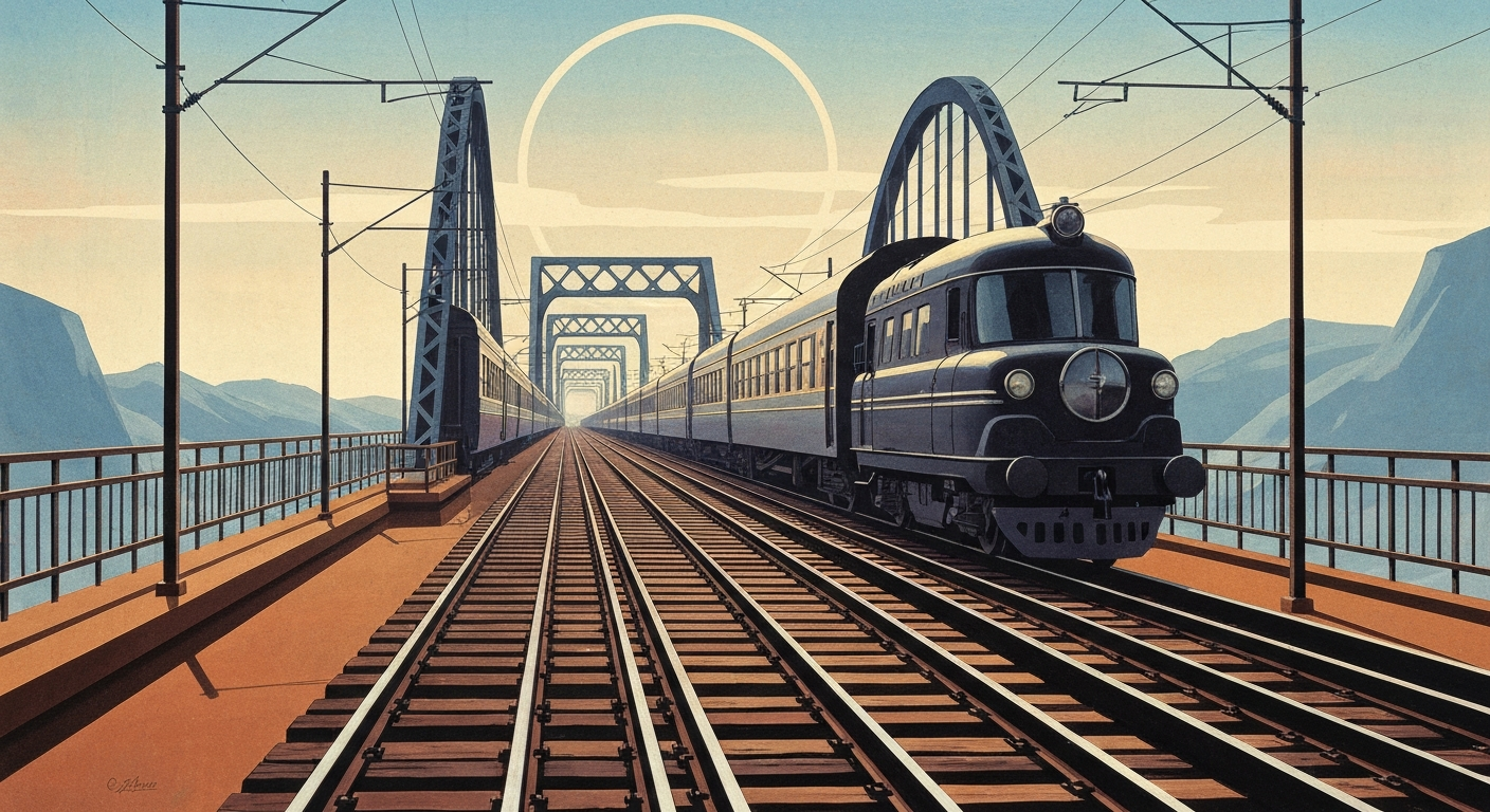 A bold, geometric illustration depicting towering railroad tracks and bridges in sweeping, airbrushed gradients, capturing the grand scale and importance of the rail corridor's restoration after a weather-related disruption.