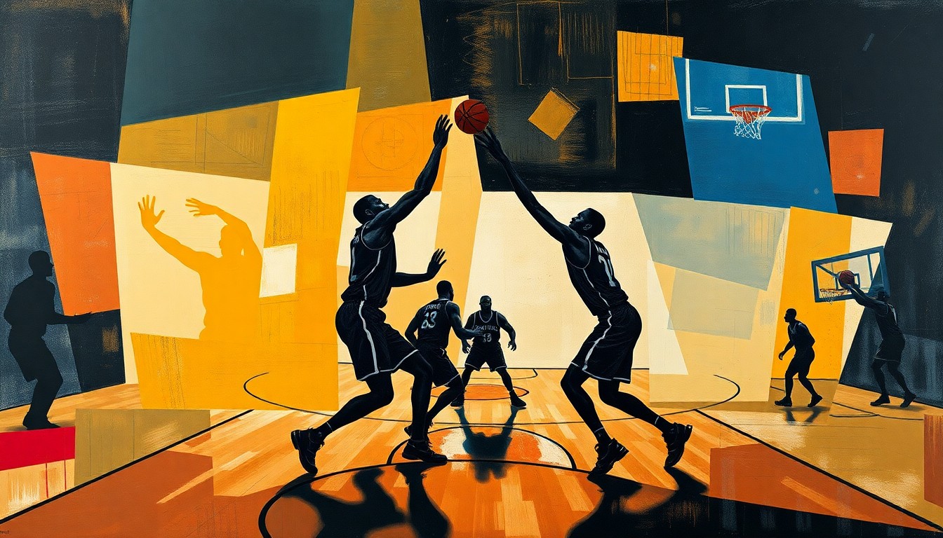 A fractured, cubist-style painting depicting the silhouettes of two large basketball players battling for position in the paint, surrounded by abstracted geometric shapes and planes representing the court and other players, conveying the defensive importance of the Cavaliers' big men.