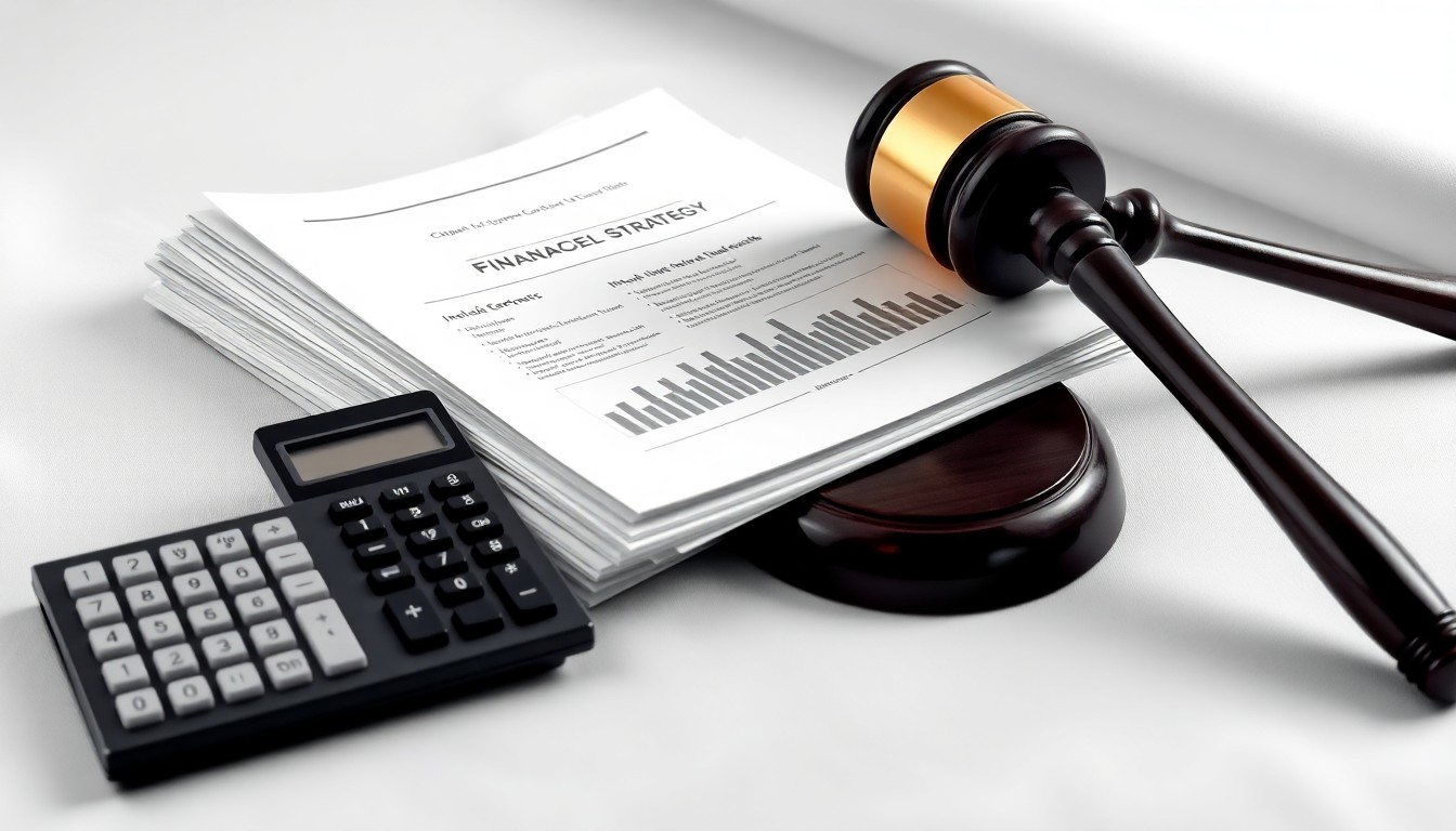 A photorealistic studio still life featuring a stack of financial reports, a calculator, and a gavel arranged on a clean, monochromatic background, conceptually representing the abstract corporate strategy and legal proceedings surrounding the Driven Brands securities class action lawsuit.