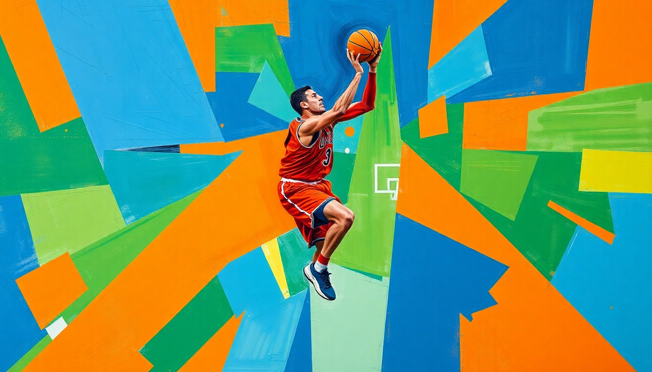 A fragmented, geometric painting depicting the overlapping movements and perspectives of a basketball player, rendered in a cubist style with vibrant colors of orange, blue, and green.