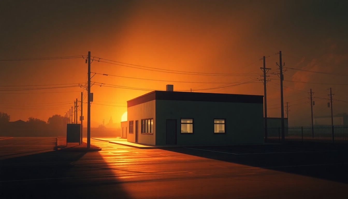 A photorealistic painting of a government office building or public utility infrastructure in a warm, cinematic style, with diagonal sunlight and deep shadows creating a contemplative, nostalgic mood that reflects the quiet but significant influence these officials have on housing costs.