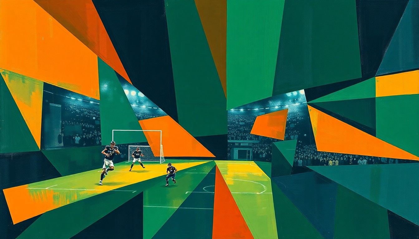 A cubist, geometric painting depicting a fractured, multi-perspective scene of a football game, with sharp, overlapping planes of navy, green, and orange, conveying the raw emotion and fragmentation of a tragic sports-related incident.