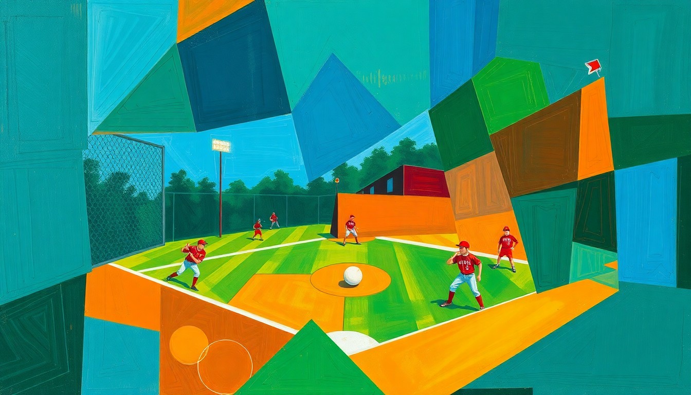 A fractured, geometric painting in vibrant colors depicting the overlapping planes and perspectives of a high school sports competition, conveying the raw energy and intensity of the game.