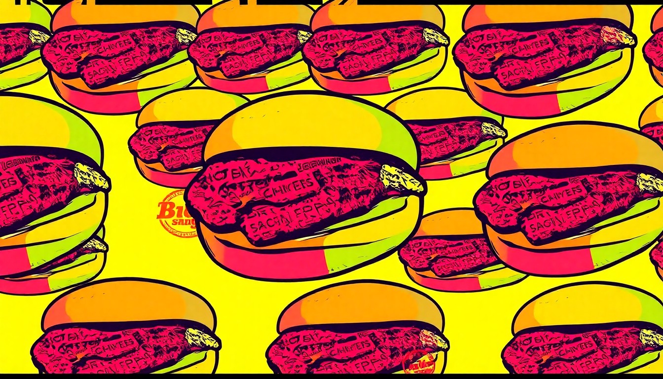 A brightly colored, high-contrast silkscreen print of a single, iconic hot chicken sandwich repeated in a tight grid pattern, conceptually representing the bold flavors and vibrant energy of the Houston TX Hot Chicken brand.