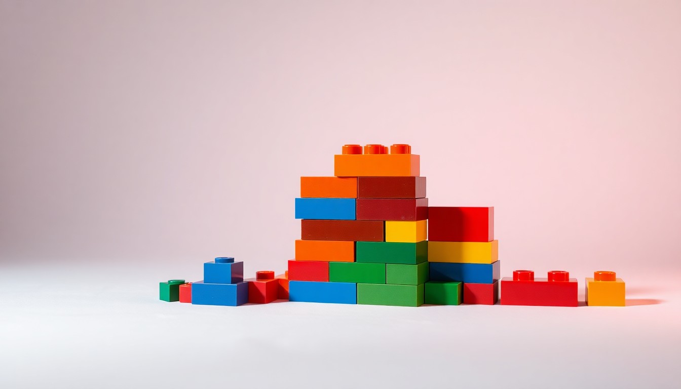 A minimalist studio still life photograph featuring a stack of colorful LEGO bricks in primary colors arranged elegantly on a clean white background, conceptually representing the premium design and timeless appeal of the LEGO brand.