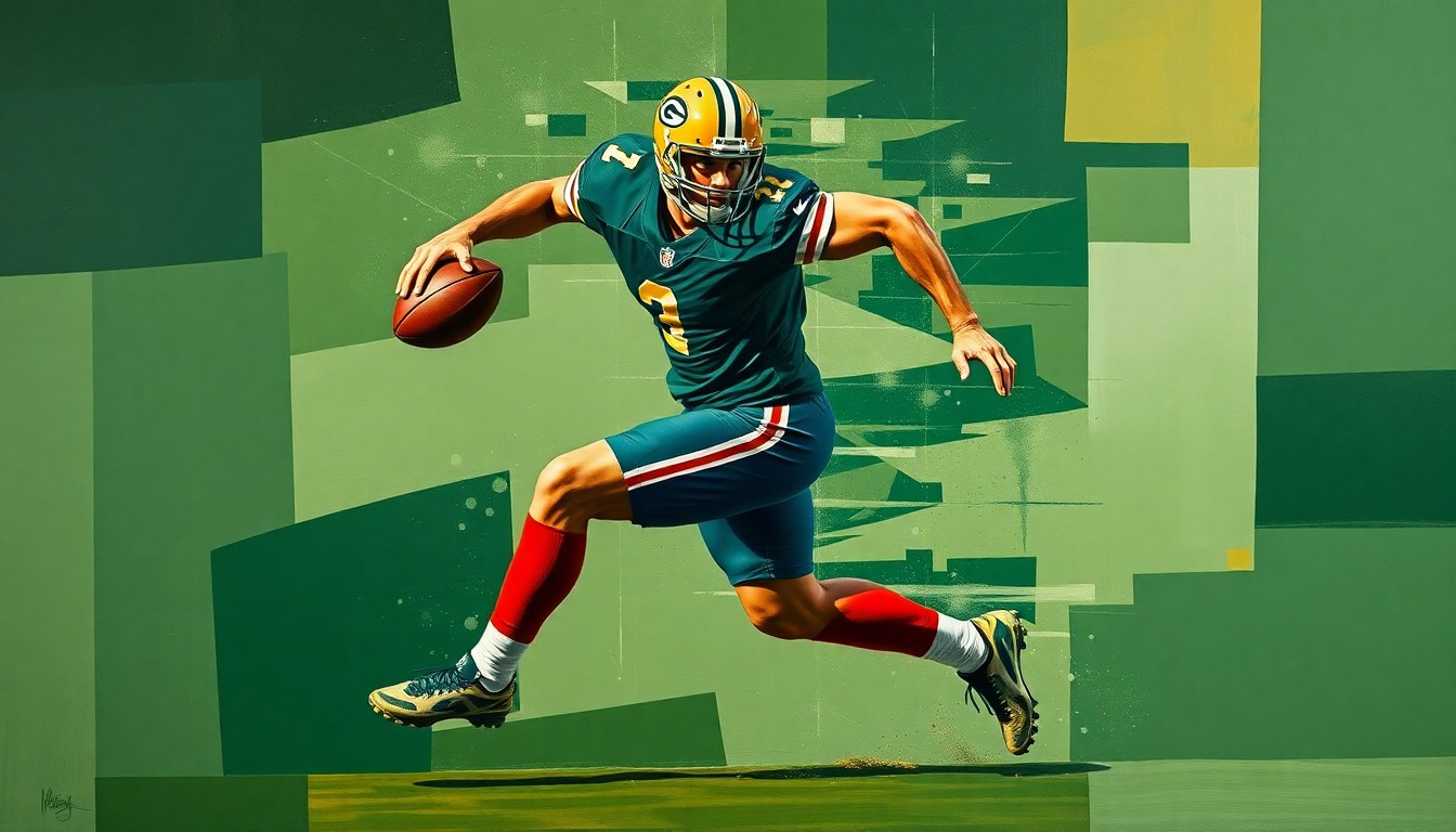 A fragmented, geometric painting depicting a football player in motion, with the player's body and the ball broken down into overlapping planes of green, gold, and navy blue, creating a dynamic, abstract representation of the sport.