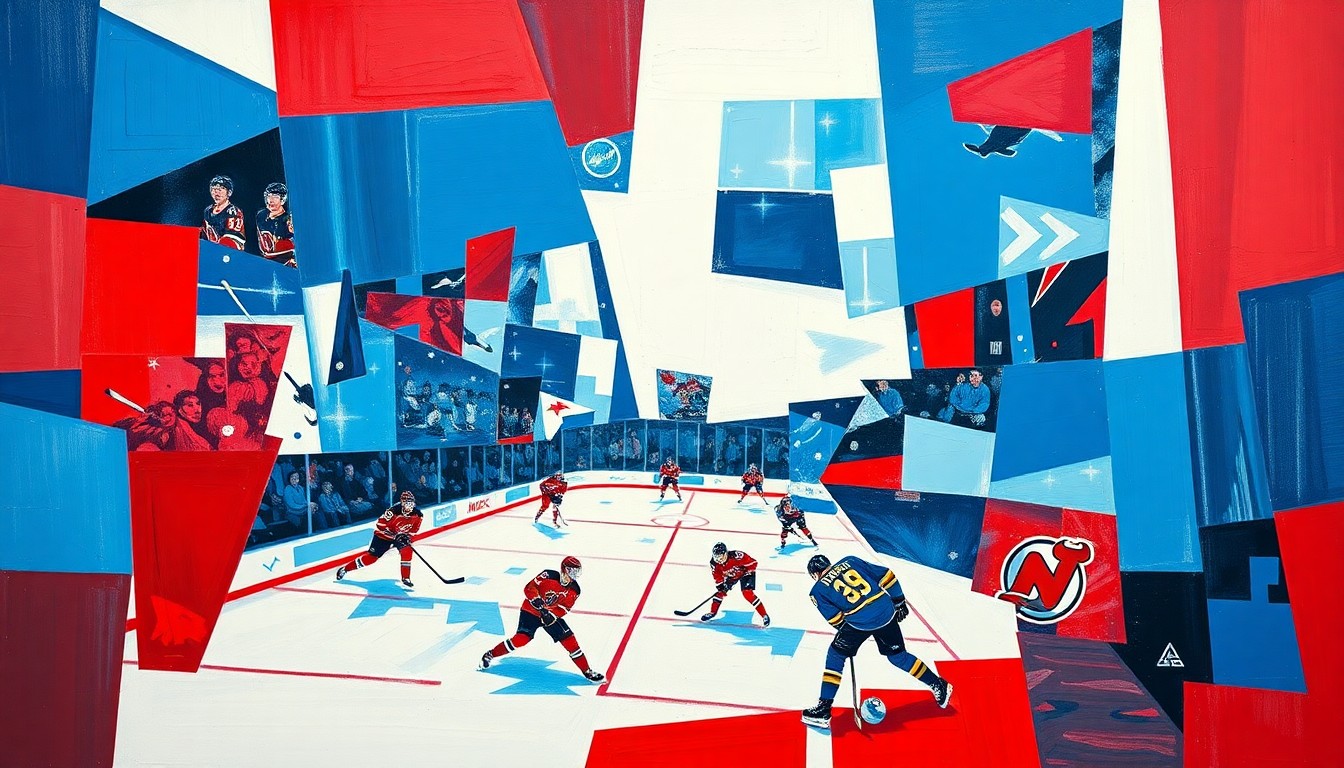 A cubist, geometric painting depicting a fragmented hockey game, with sharp planes of blue, red, and white representing the Devils' team colors and the instability of the franchise's leadership transition.