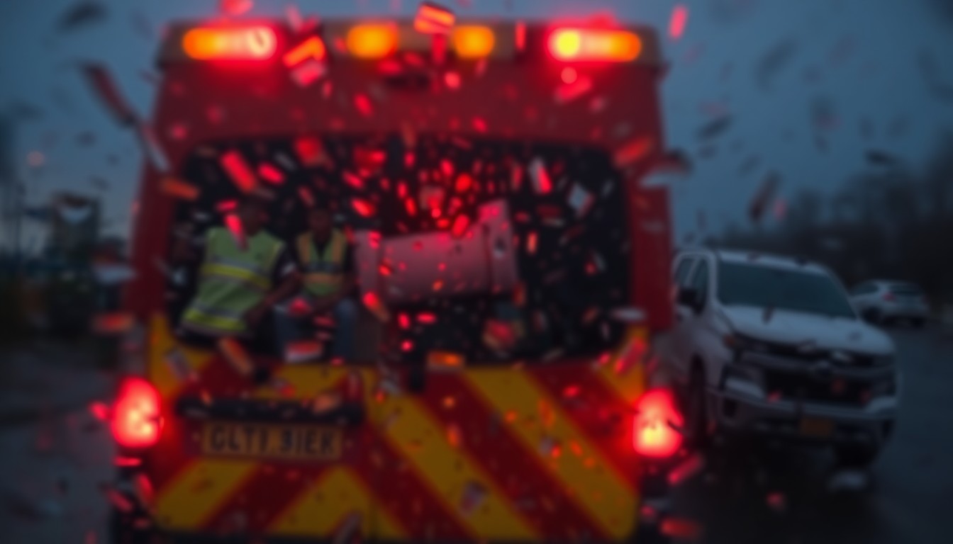 An abstract, out-of-focus image depicting the blurred silhouette of a damaged vehicle and the lights of an emergency response vehicle, conveying the emotional impact of a car crash scene without showing specific details.