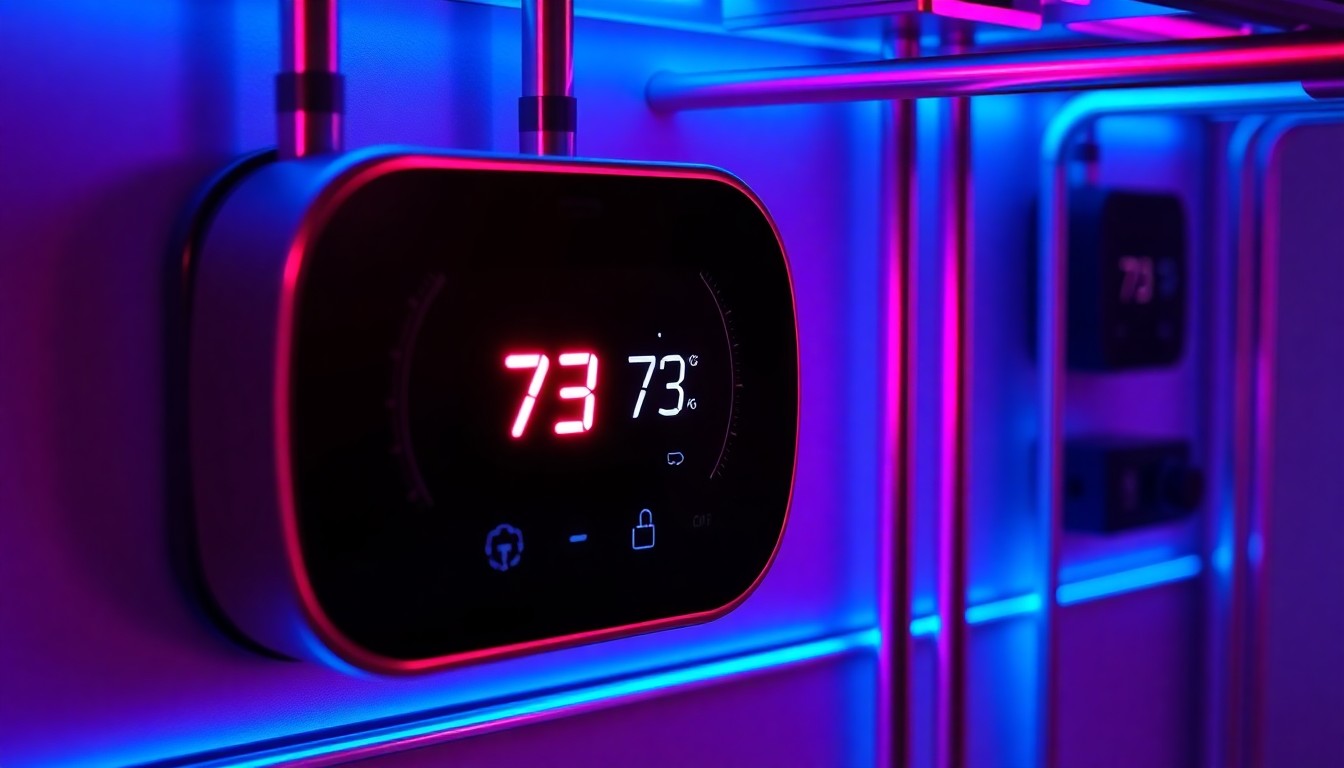 A highly detailed, glowing 3D illustration of a smart thermostat control panel and connected HVAC equipment, with neon blue and pink lights highlighting the technological complexity of modern climate control systems.