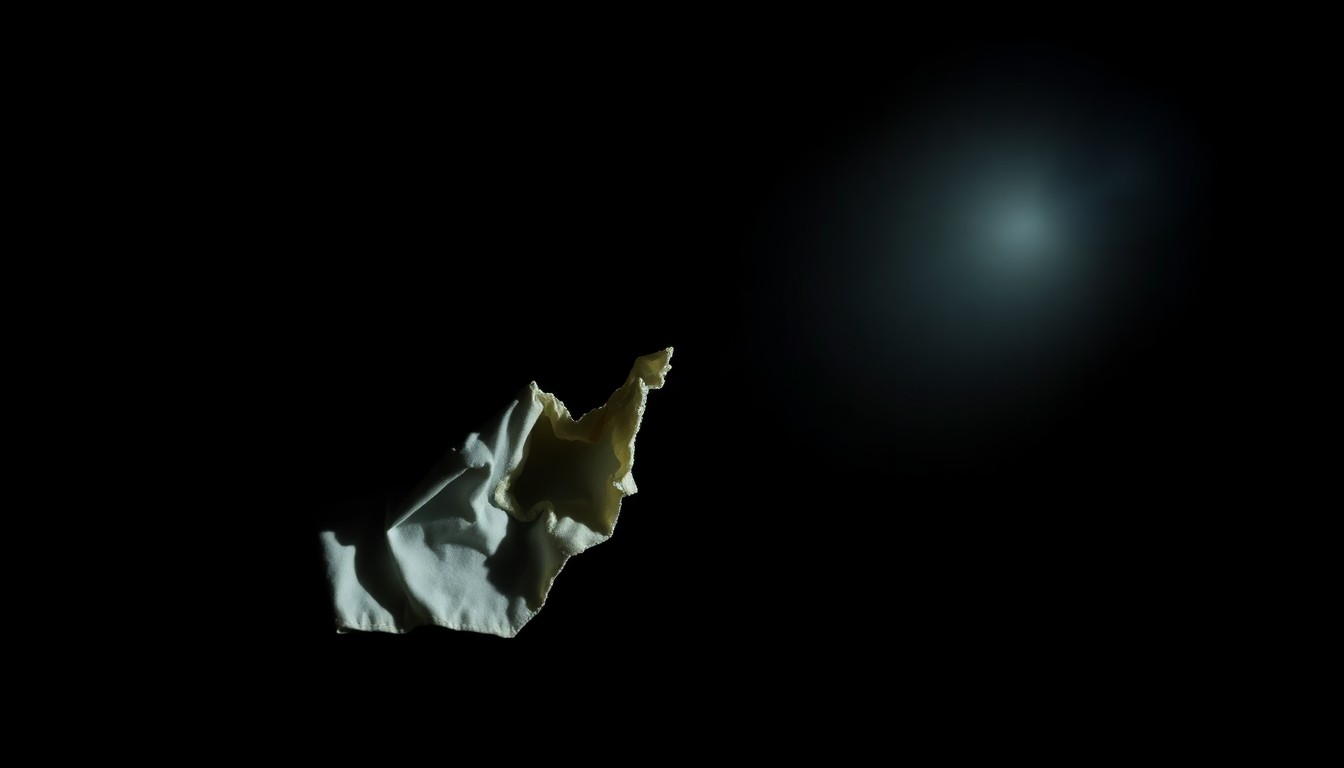 An extreme close-up photograph of a torn, tattered piece of denim fabric, the harsh flash illuminating the rough texture and faded colors, conveying the gritty, investigative nature of this unresolved crime.