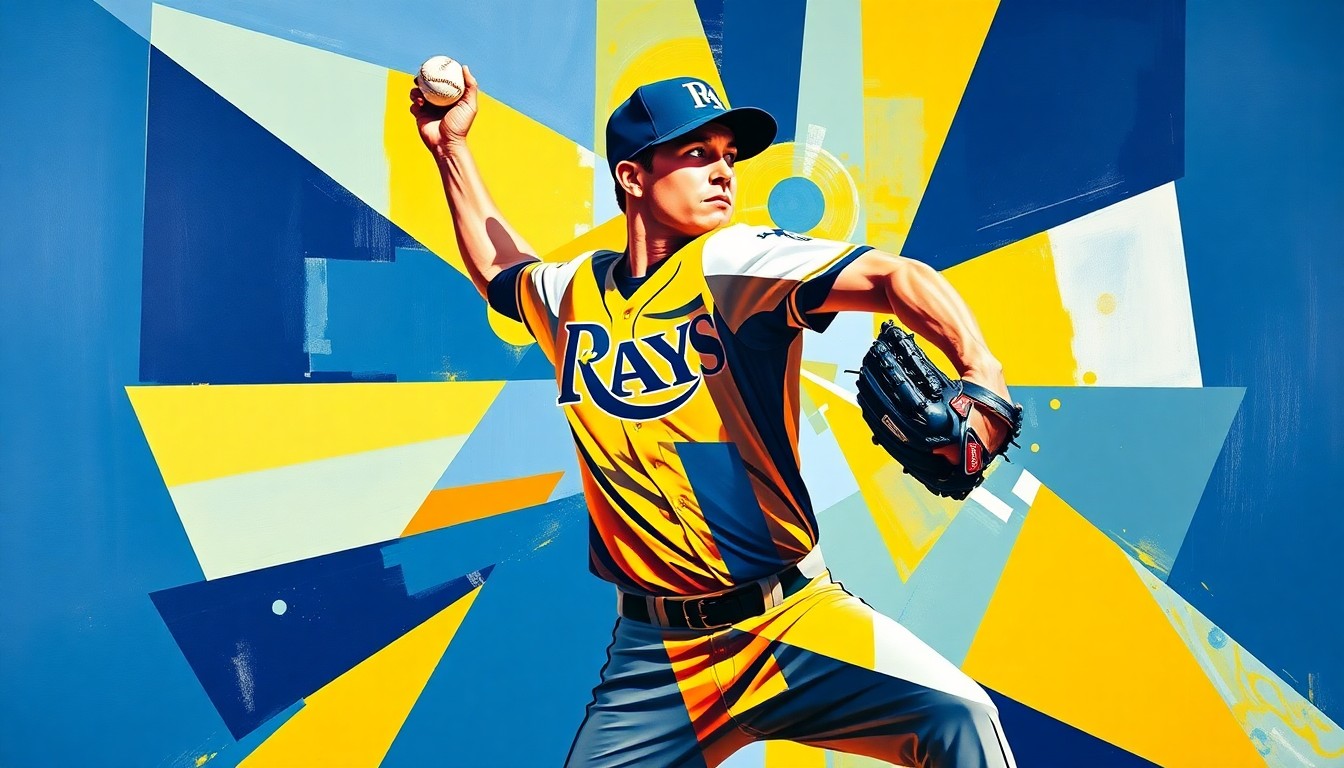 A fragmented, geometric painting in shades of navy, powder blue, and gold, depicting the overlapping planes and angles of a baseball pitcher's delivery, conveying the raw athleticism and power of the Rays' new closer.