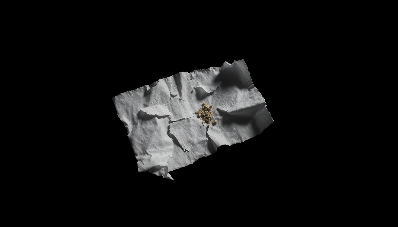 An extreme close-up photograph of a shredded piece of paper with faint traces of an unknown substance, lit by a harsh, direct camera flash against a pitch-black background, conceptually representing the dangerous drug-soaked paper smuggling trend in prisons.