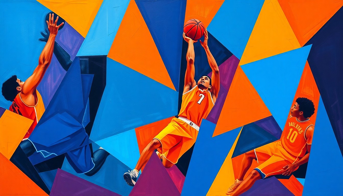 A cubist-style painting featuring fragmented, geometric shapes in shades of blue, orange, and purple, representing the disruption and transition facing the Boston College men's basketball team.