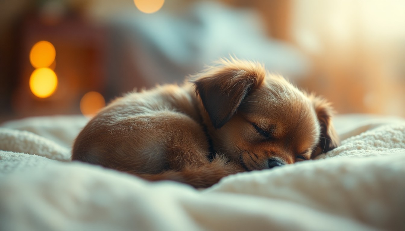 An extremely blurred and abstracted photograph showing the soft, warm outline of a small dog curled up on a cozy blanket, conveying a sense of comfort and care for rescued animals.
