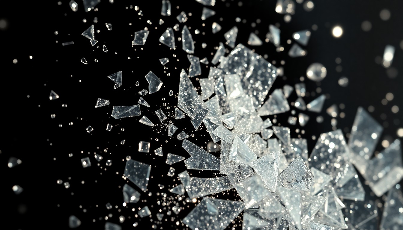 An extreme close-up of shattered glass fragments reflecting bright, high-contrast light, conceptually representing the glamour and anticipation surrounding the upcoming box office showdown between the Dune and Avengers franchises.