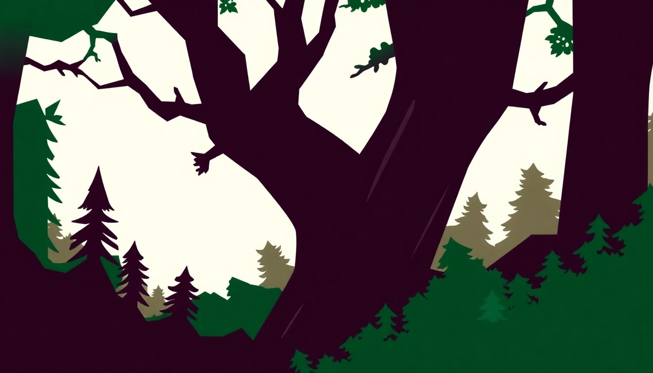 An abstract, minimalist illustration featuring bold, jagged shapes in shades of green, brown, and purple, capturing the themes of exile, mistaken identity, and forest magic from Shakespeare's 'As You Like It'.