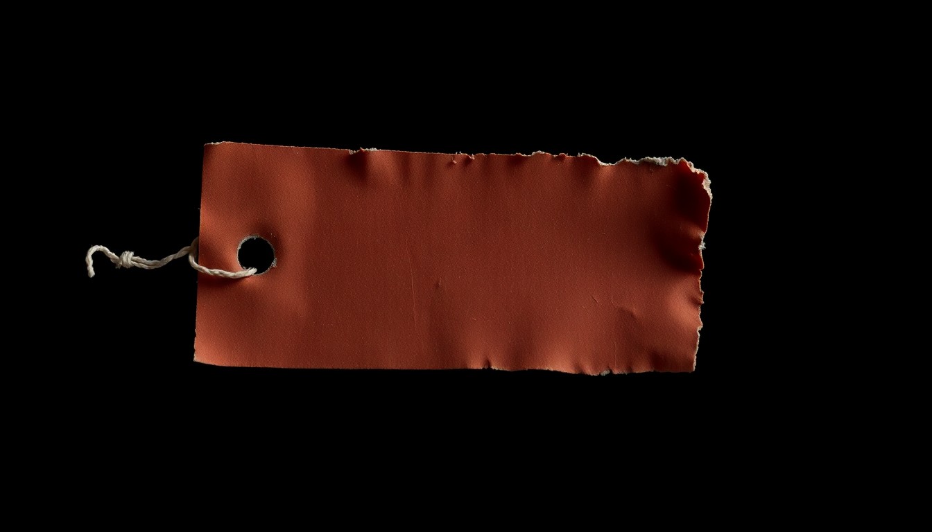 An extreme close-up photograph of a tattered, worn clothing tag against a pitch-black background, conceptually representing the hidden struggles and trauma experienced by survivors of sex trafficking.