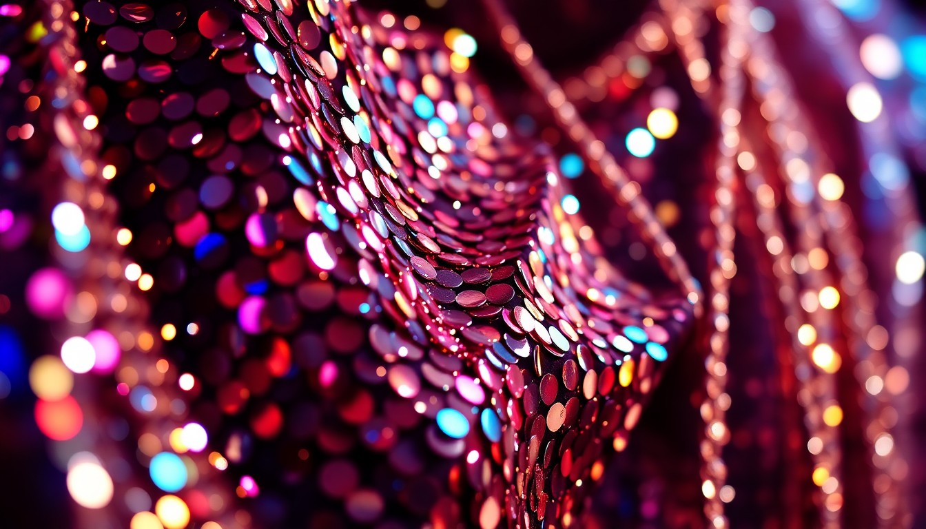 An extreme close-up photograph of shimmering sequins and metallic textures, capturing the glamour and energy of a live R&B performance.