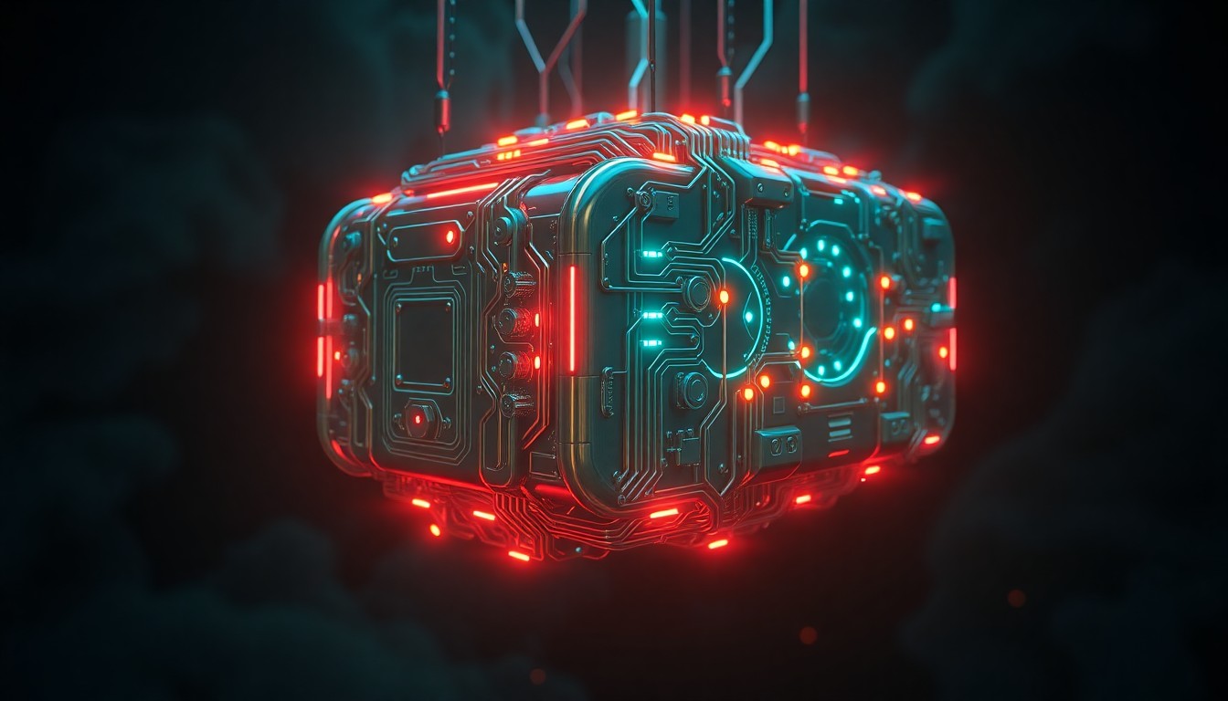 A highly detailed, glowing 3D illustration of a futuristic memory storage device or neural network, with pulsing neon lights and intricate circuitry, suspended in a dark, atmospheric environment, conceptually representing the integration of ancient memory techniques with modern AI.
