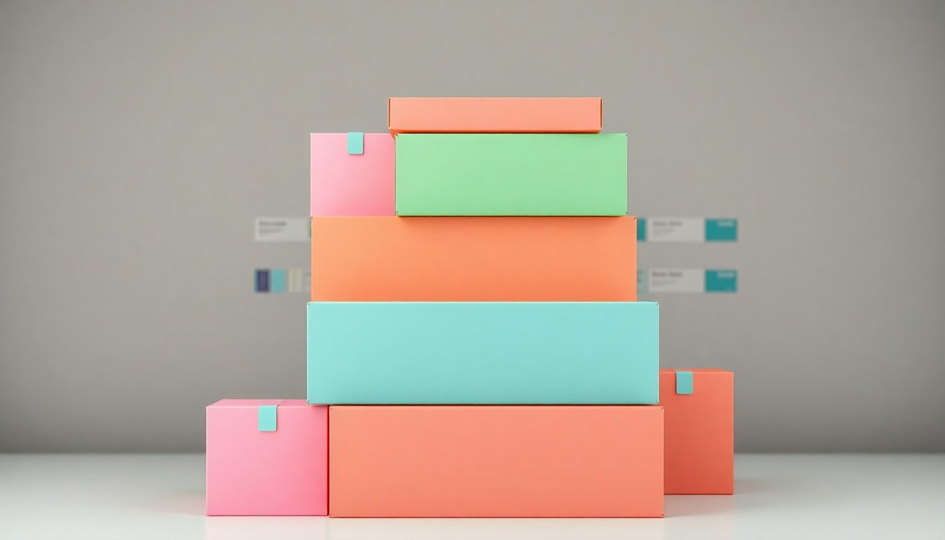 A clean, minimalist studio photograph featuring a stack of pastel-colored geometric retail product boxes, symbolizing the expansion of a discount retail business into a former pharmacy location.