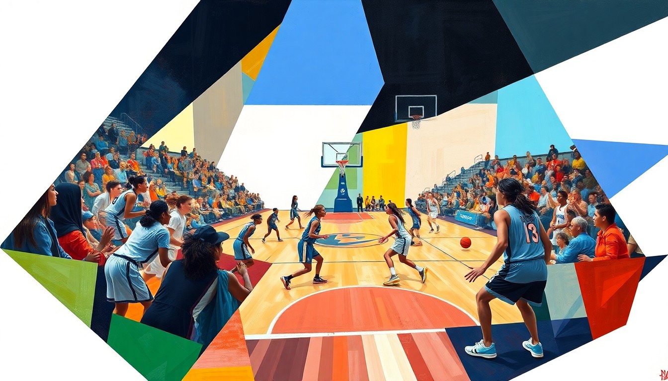 A cubist, geometric painting depicting a women's basketball game, with the court and players broken down into sharp, overlapping planes of color representing the teams' uniforms.