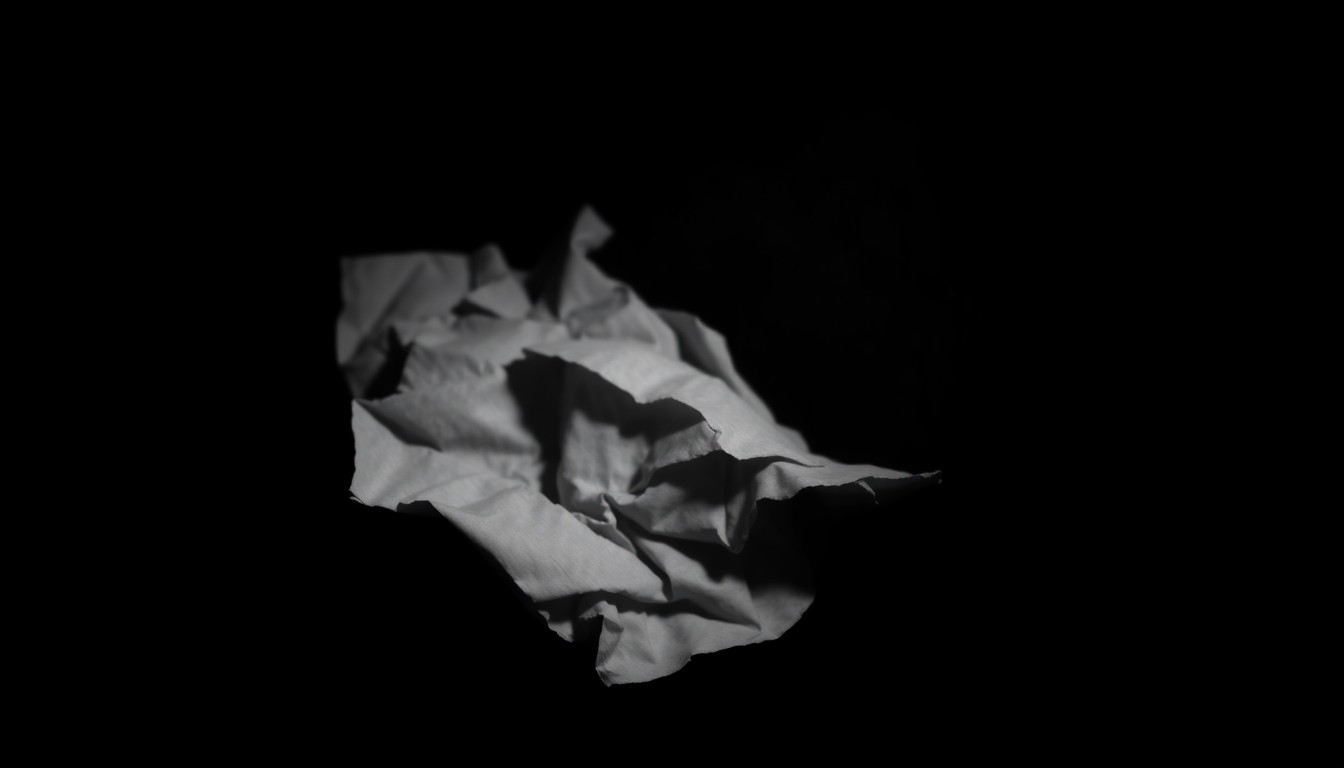 An extreme close-up of a crumpled, tattered legal document or court paperwork, lit by a harsh, direct camera flash against a pitch-black background, conveying a stark, gritty, investigative aesthetic about the case.