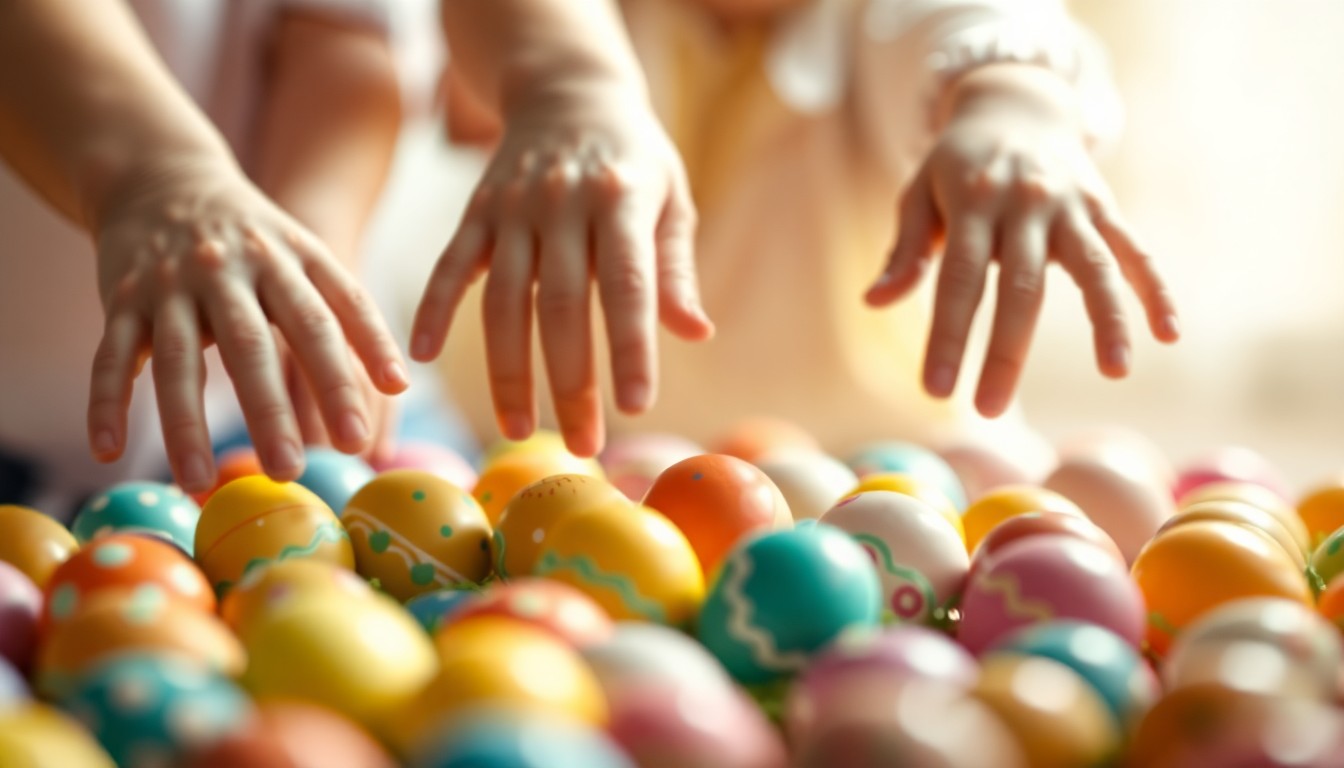 A dreamy, impressionistic scene of children's hands reaching into a pile of brightly colored Easter eggs, the image softened and abstracted through a hazy, out-of-focus lens, conveying the festive spirit of the community event.