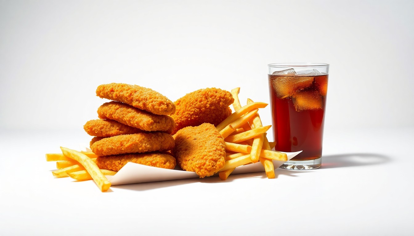 A high-end, photorealistic studio still-life photograph featuring a stack of golden-fried chicken tenders, a side of crispy french fries, and a glass of iced tea, conceptually representing the premium quality and corporate strategy behind Raising Cane's expansion into Leesburg.