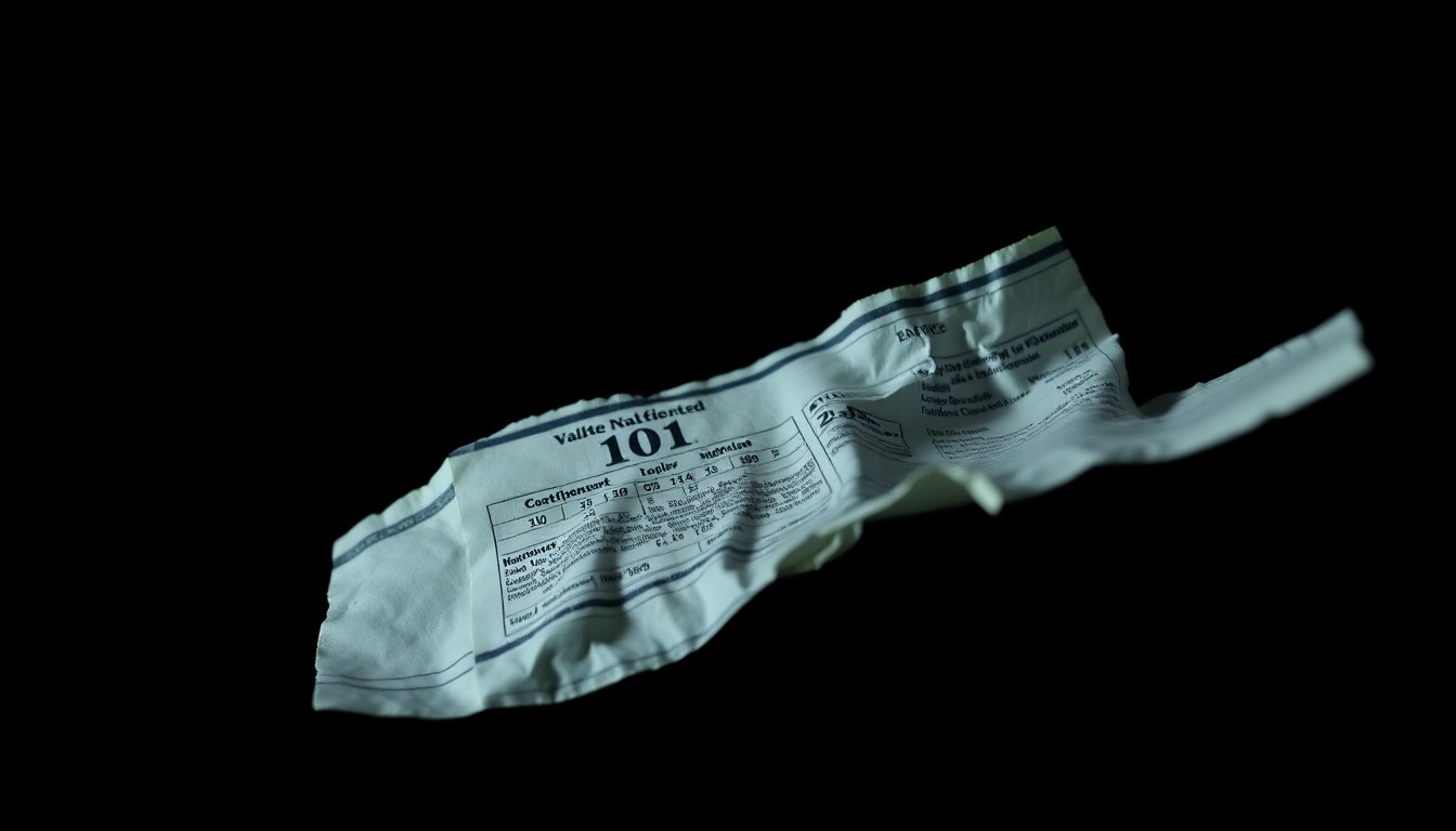 An extreme close-up photograph of a crumpled, torn financial document or bank statement, lit by a harsh, direct camera flash against a pitch-black background, creating a stark, gritty, investigative aesthetic.