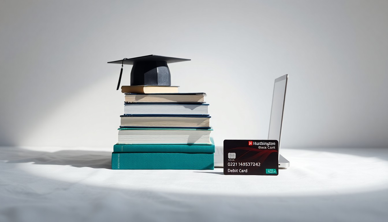 A photorealistic studio still life featuring a stack of university textbooks, a laptop, and a Huntington Bank debit card arranged elegantly on a clean, white background, conceptually representing the intersection of banking and higher education.