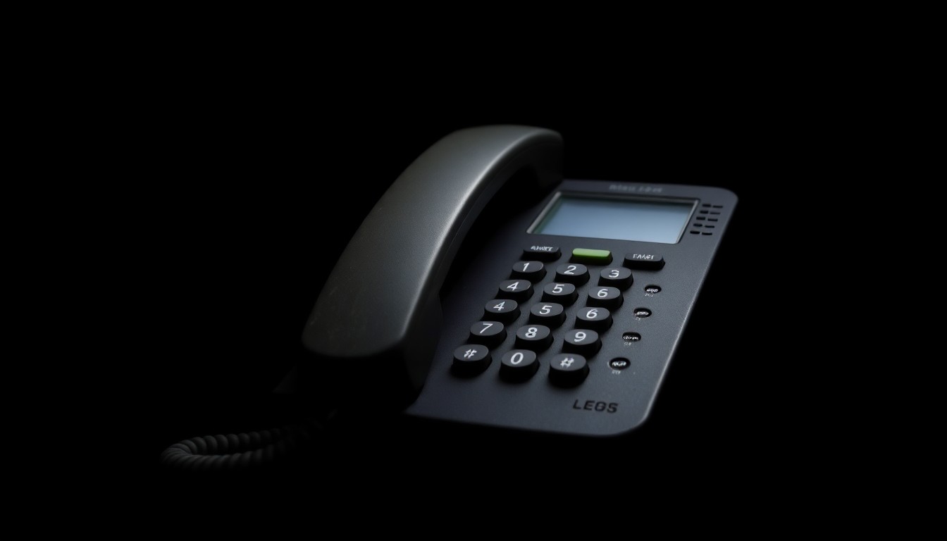 An extreme close-up photograph of a weathered landline telephone handset against a stark black background, conceptually representing the disruption caused by a swatting hoax call.