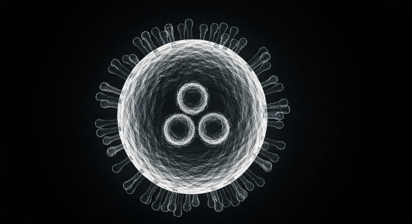 A ghostly, translucent X-ray image revealing the intricate internal structure of a measles virus particle, conceptually illustrating the public health challenges of this outbreak.