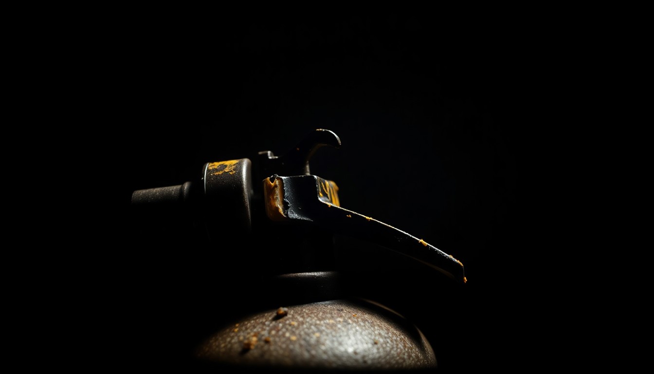 An extreme close-up photograph of a charred, melted fire extinguisher nozzle against a pitch-black background, conceptually representing the aftermath of a residential fire.