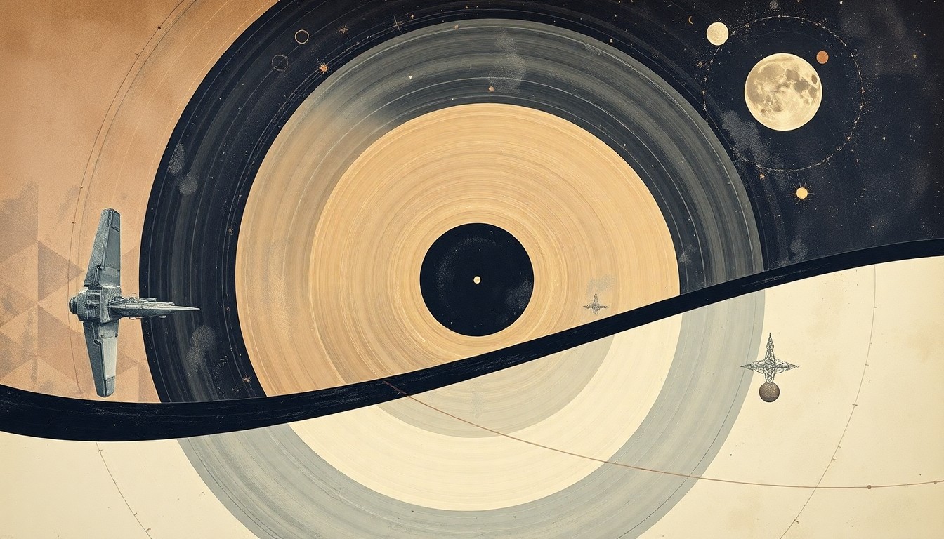 A bold, abstract painting in soft blues, greens, and purples featuring sweeping geometric arcs, concentric circles, and precise celestial spirals, conceptually representing the complex forces and concepts of space travel and lunar exploration.