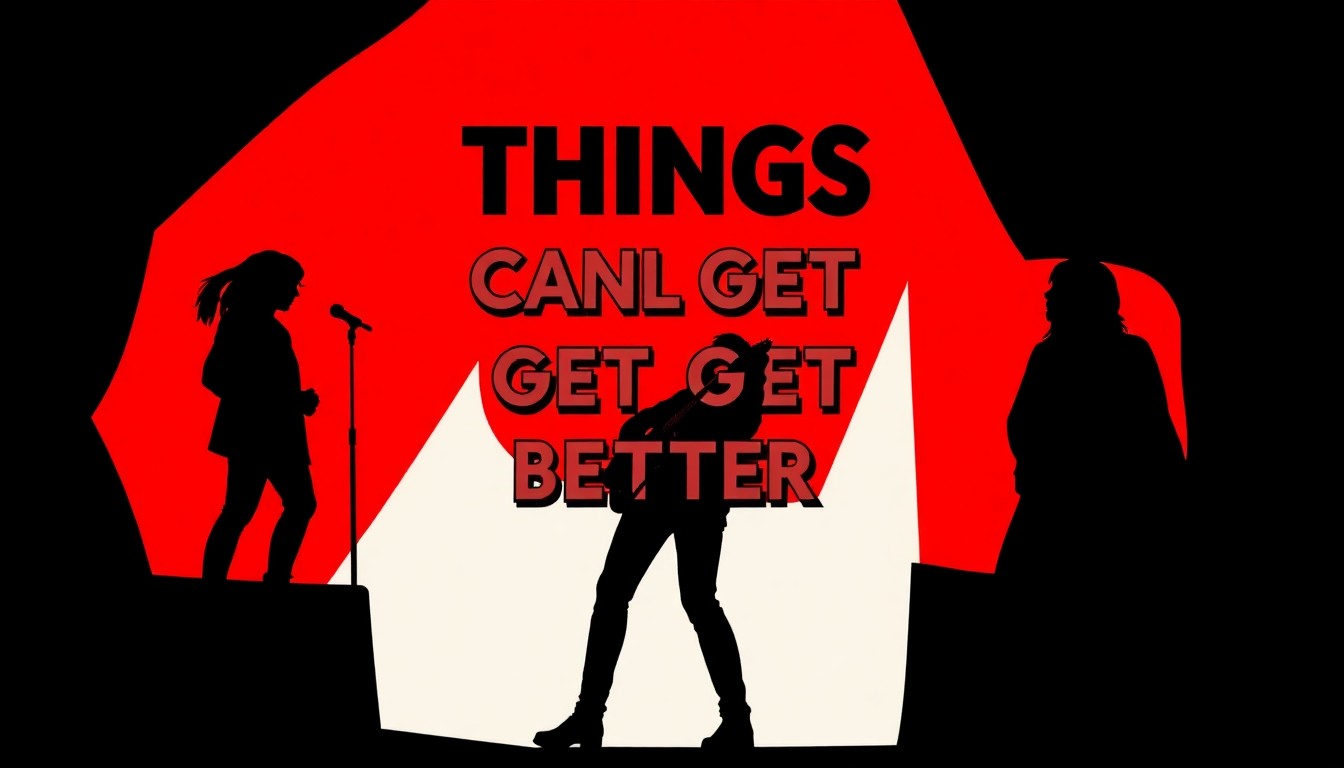 A bold, abstract illustration in the style of Saul Bass, featuring jagged geometric shapes and stark black silhouettes in a high-contrast red and white color palette, conceptually representing the 1980s new wave music scene and the 'Things Can Only Get Better Tour' lineup.