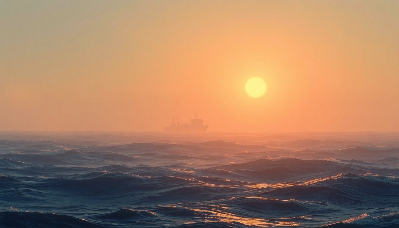 An extremely abstracted, out-of-focus photograph of a merchant ship sailing through choppy waters, with only the faint outline of the vessel visible through the soft, warm glow of the sun's reflection on the waves, conceptually representing the overlooked sacrifices of the Merchant Marines during World War II.