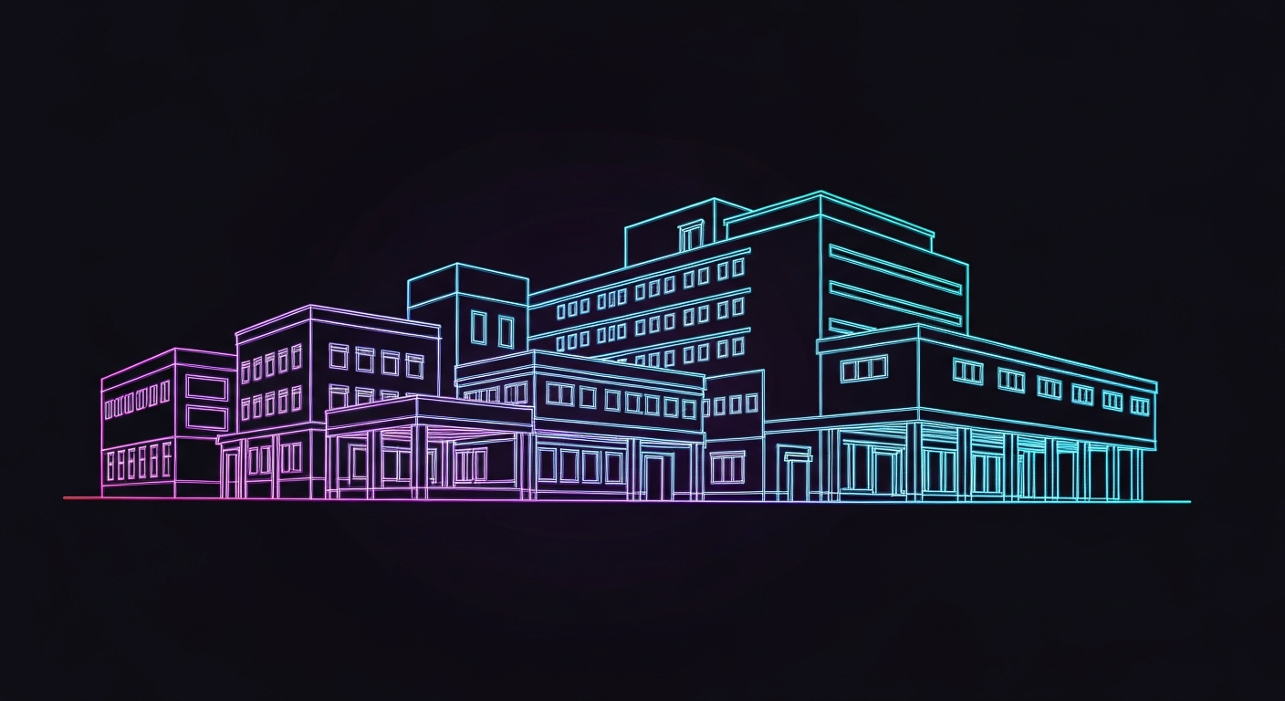 A minimalist design in the style of Keith Haring where the outline of a healthcare facility is defined entirely by glowing, vibrant neon lines against a deep, dark background, emphasizing the shape and energy of the structure.