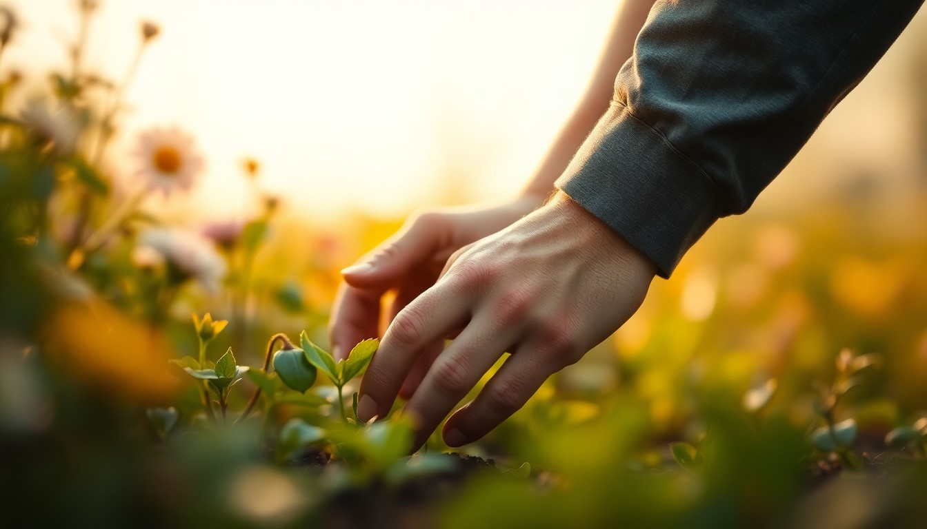 An extremely abstracted, out-of-focus photograph in warm, earthy tones depicting a man's hands gently tending to a garden, with blurred shapes of flowers and greenery in the background, conceptually representing the simple pleasures and quiet strength that defined Billy Prater's life.