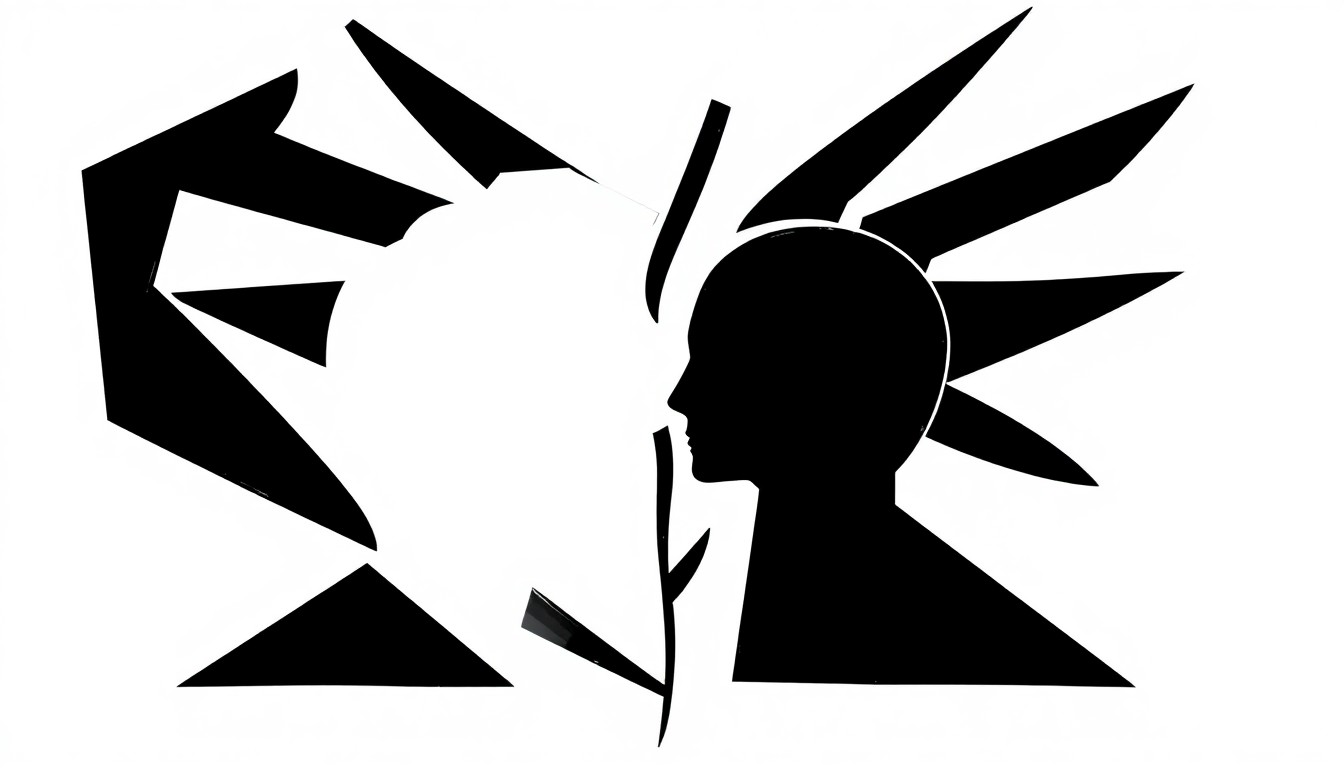 An abstract, minimalist illustration using bold black silhouettes and sharp, angular shapes to convey the emotional turmoil of a high-profile custody battle.