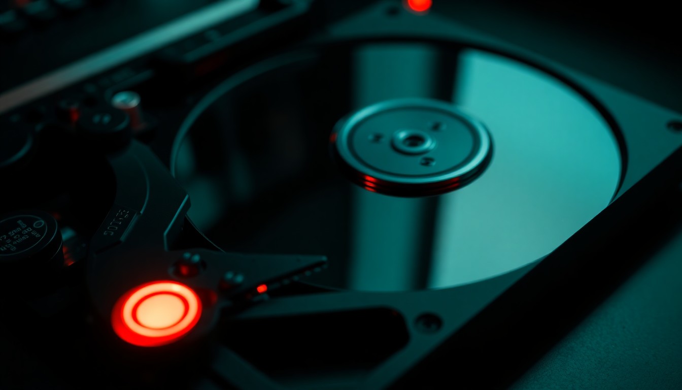 An extreme close-up photograph of a computer hard drive with a glowing red LED, conceptually representing the discovery of illicit digital content.