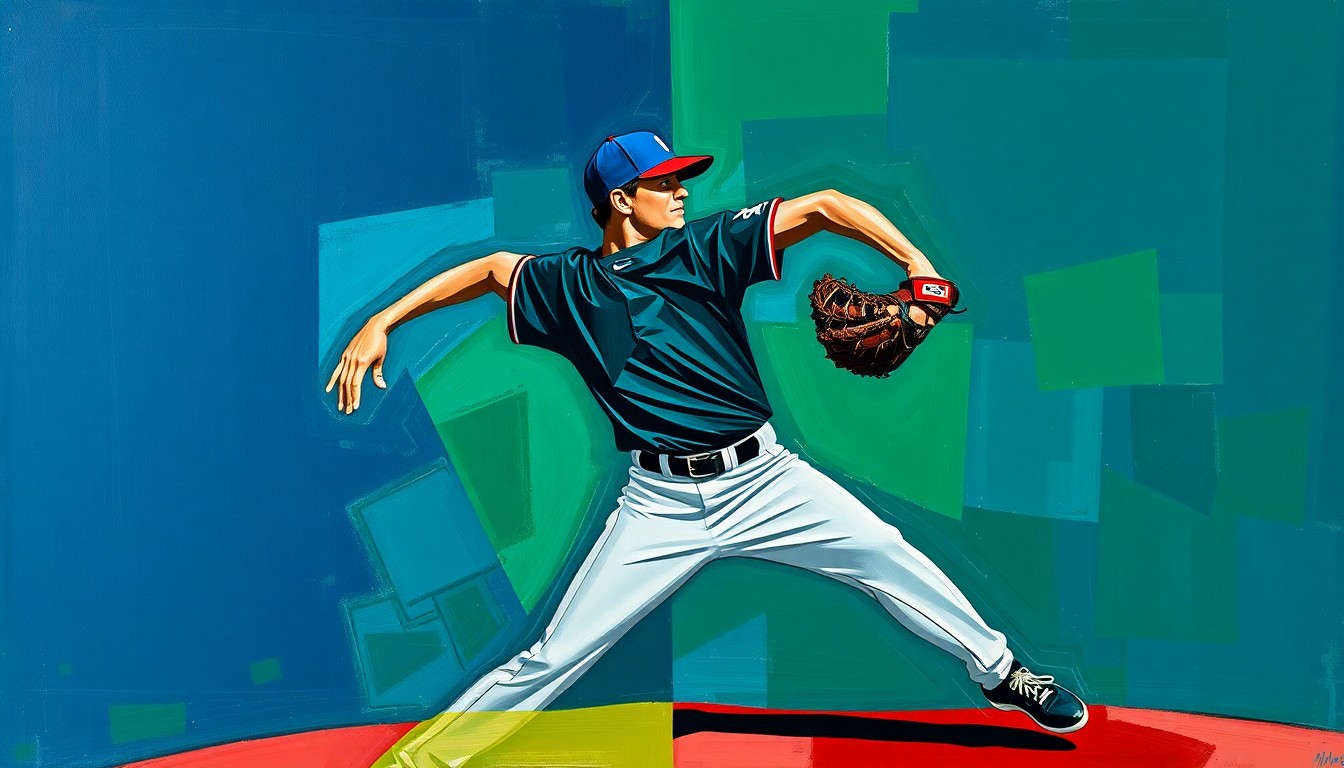 A fragmented, geometric painting depicting a baseball pitcher's windup and delivery, with sharp planes of color and overlapping perspectives creating a dynamic, abstract representation of the sport.