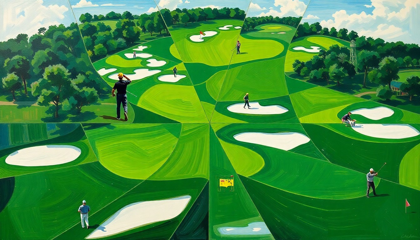 A cubist, geometric painting depicting the Augusta National Golf Club course with overlapping planes of green fairways, white bunkers, and players in motion, capturing the excitement and drama of the 2026 Masters tournament.