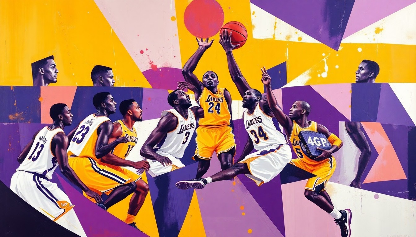 A fragmented, geometric painting depicting a Lakers basketball game, with the players' forms broken down into abstract shapes and planes of purple, gold, and white.