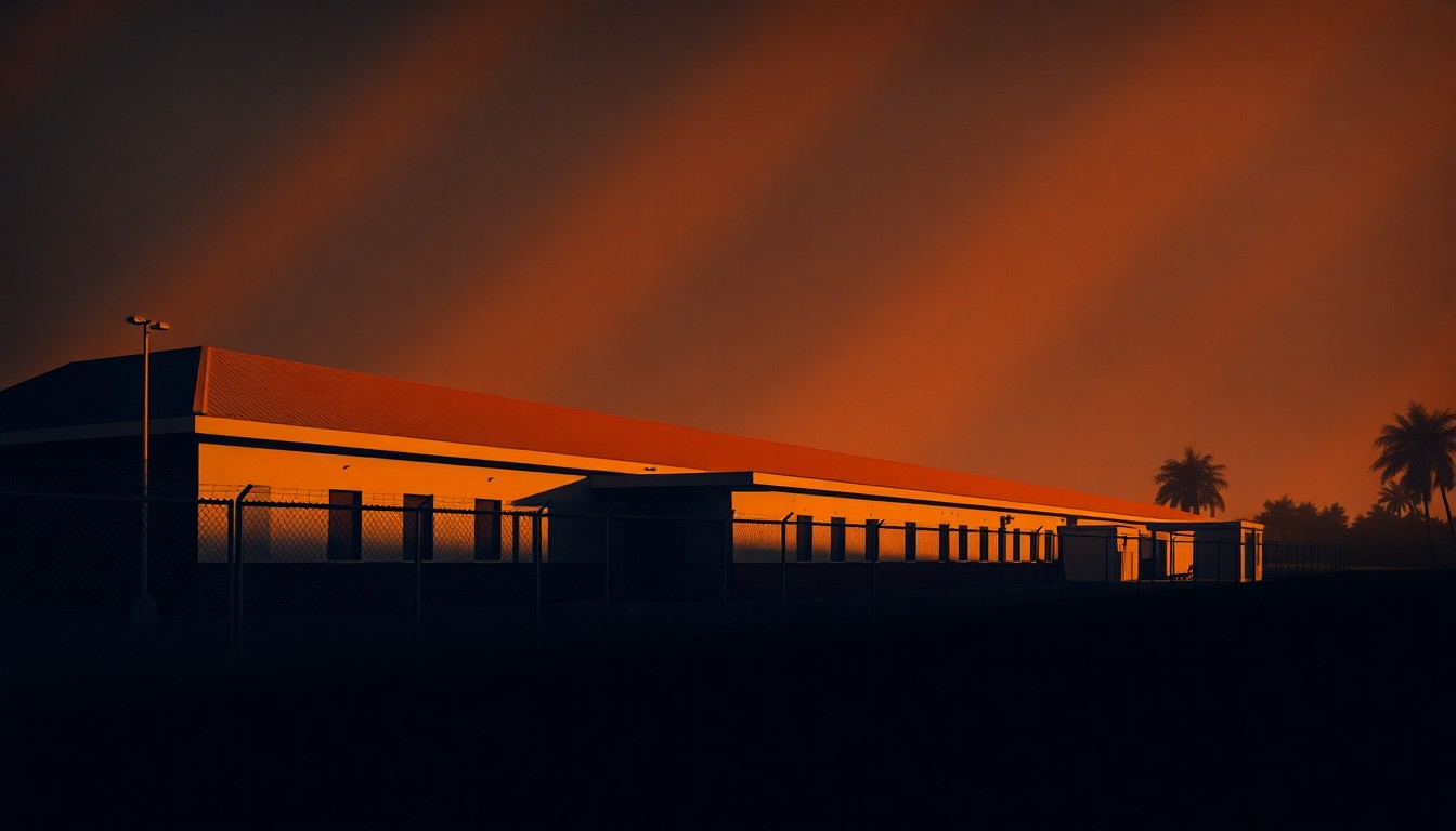 A serene, photorealistic painting of a nondescript, single-story concrete building surrounded by tall grass and palm trees, bathed in warm, golden light and deep shadows, conveying a sense of isolation and quiet tension.