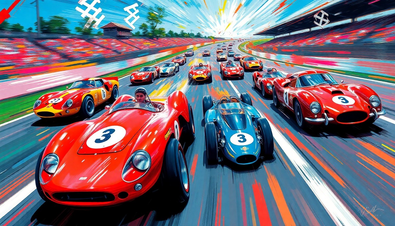 An abstract, expressionist painting featuring a chaotic, colorful scene of race cars speeding around a track, with the energy and movement of the vehicles captured through the use of bold, sweeping brushstrokes and vibrant neon hues.