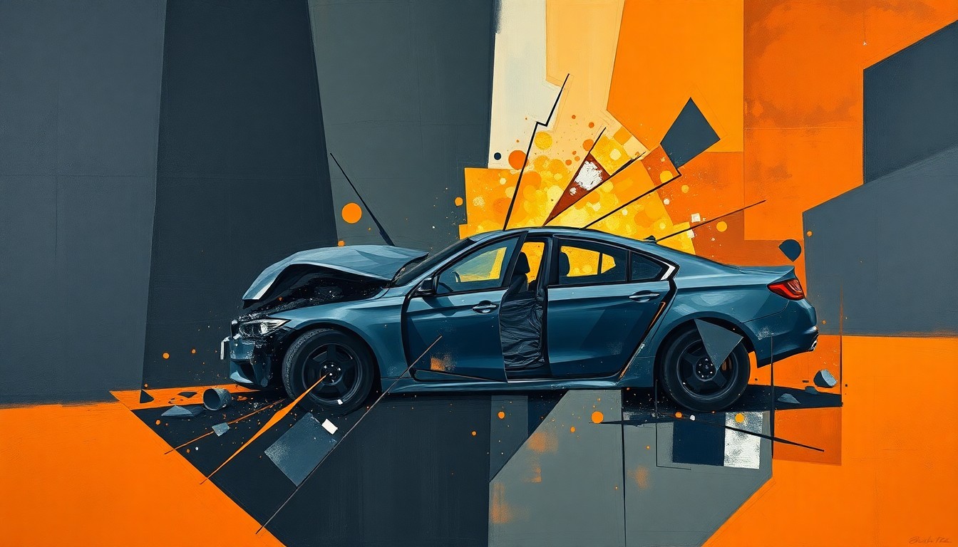 A cubist, geometric painting depicting the fractured, overlapping planes of a car crash scene, with sharp lines and angular forms in shades of dark grey, navy blue, and burnt orange conveying the chaos and devastation of the incident.