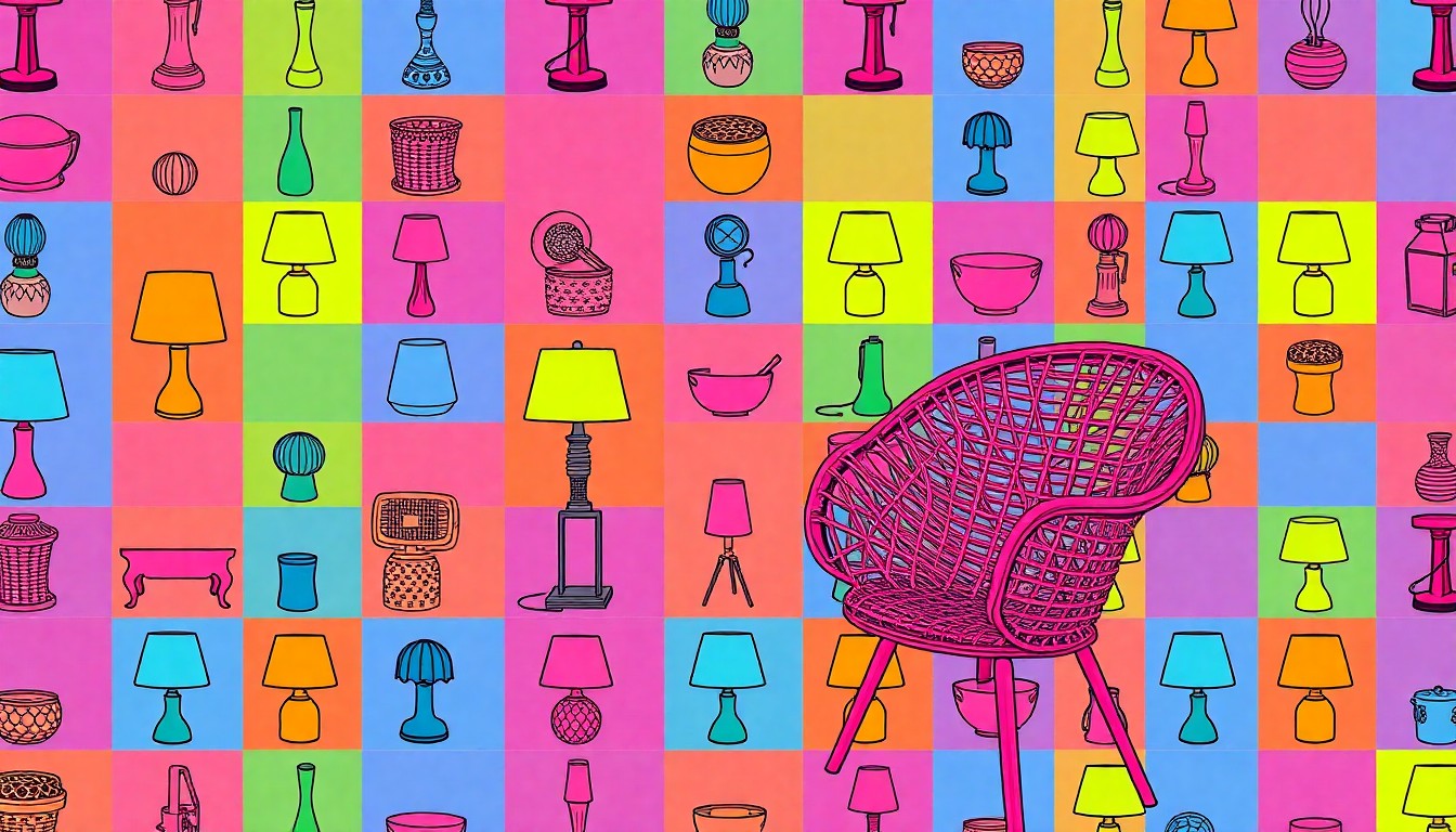 A brightly colored, high-contrast silkscreen print of a vintage lamp repeated in a tight grid pattern, conceptually representing the appeal and potential pitfalls of thrifting home goods.